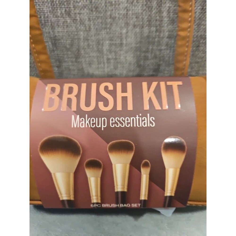 6PC Makeup Brush Set with Brown Carrying Bag Cosmetic Beauty Brush Kit